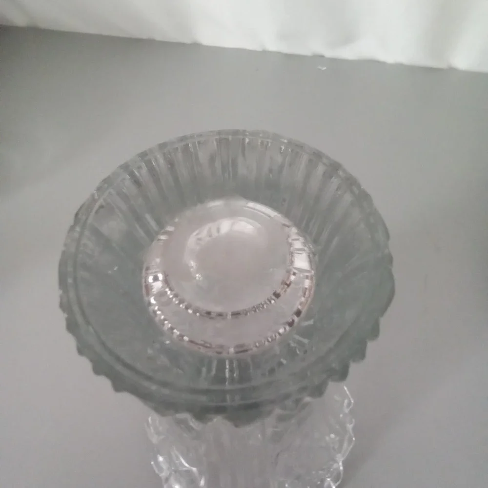 Vintage Clear Pressed Glass Scalloped Flared Vase Ornate Scroll Ribbed 8.5 Inch